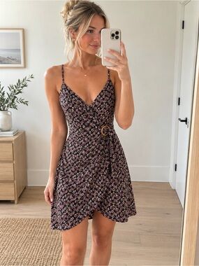 Black Floral Wrap Mini Dress • Pink Flower Print • Buckle Waist • Boho Romantic